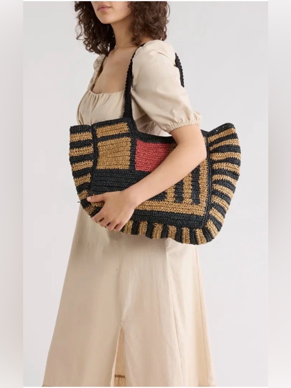 Collection XIIX Woven Straw Colorblock Tote Bag - Black, Tan & Red beach bag.